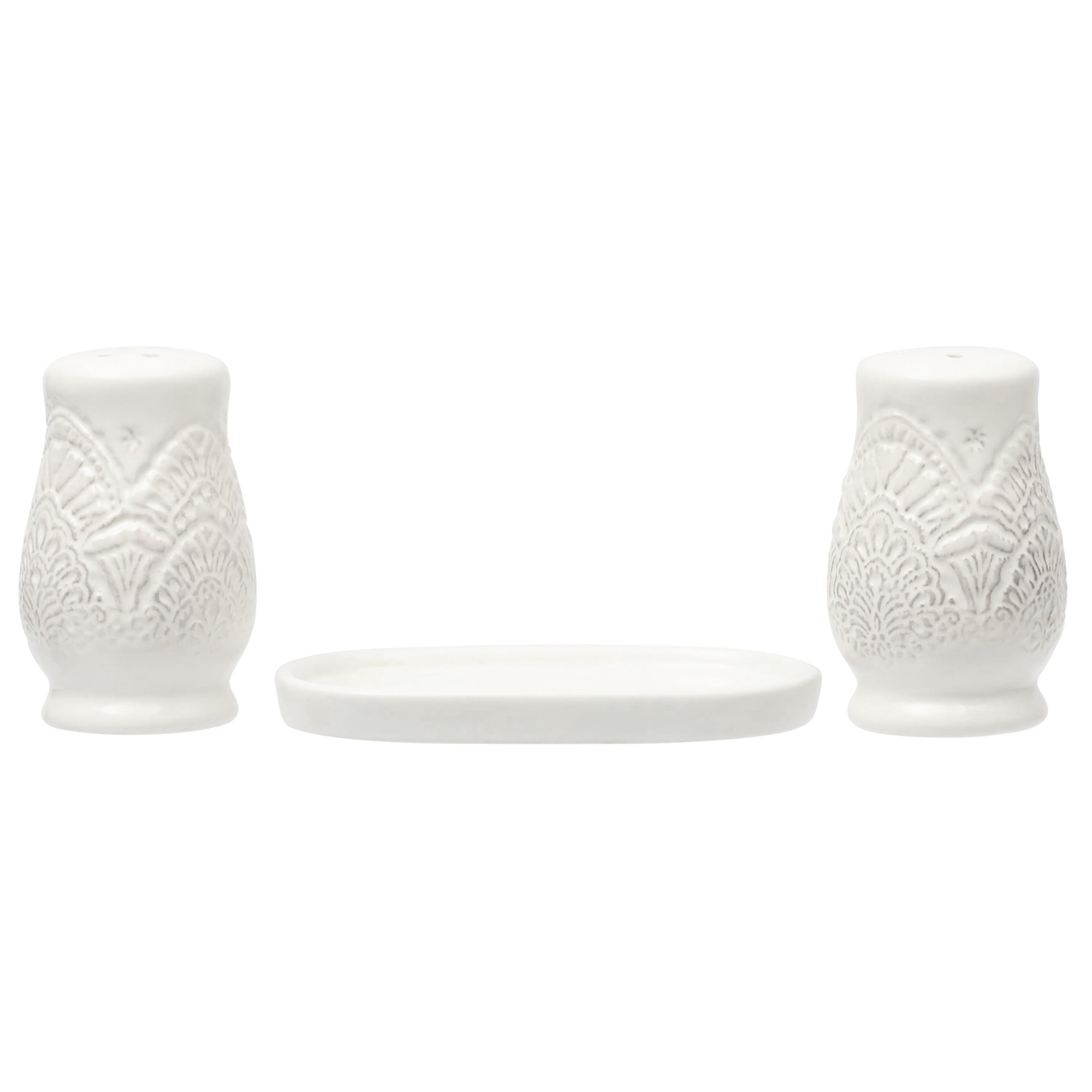 The Pioneer Woman Vintage Lace Stoneware Salt & Pepper Shaker Set, Linen