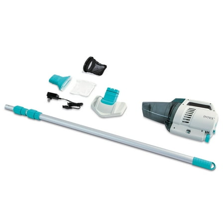 Intex: Pool Vacuum - (28627E) Pool Cleaning Accessory, Includes 110" Lightweight Aluminum Pole, Rechargeable Batteries, 2 Interchangeable Brush Heads, Auto Shut Off Feature, 100 Minute Running Time