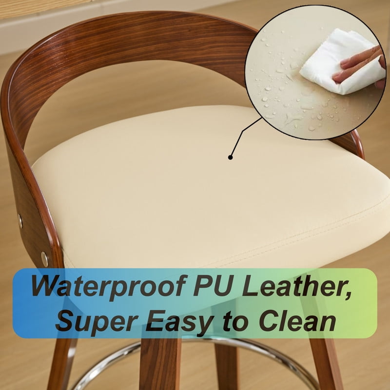 2-Piece Swivel PU Leather Upholstered Seat Bar Stools w/ Footrest, 25in Bar Height Accent Pub Chairs w/ Curved Backrest