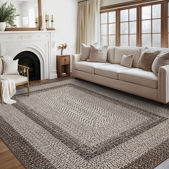 Imitation Braided Collection-Print Washabl Area Rug 6x9 Rugs for Living Room, Rustic Bordered Area Rug Non Slip Soft Foldable Carpet, Low Pile Stain Resistant Carpet for Bedroom, Dining Room