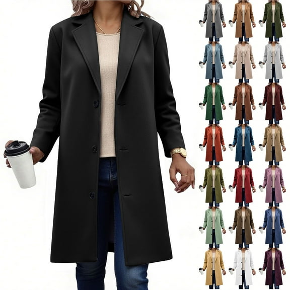 Otntypg Plus Size Womens Peacoat Notched Lapel Collar Single-Breasted Trench Coats Loose Casual Wool Blend Long Jacket 2025 Fall Winter Outerwear Black XXL