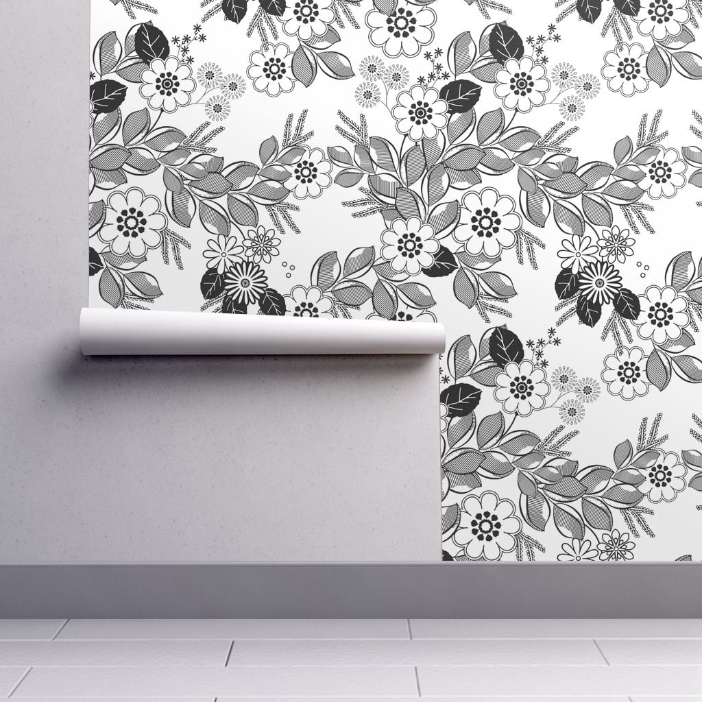 black and white floral peel and stick wallpaper