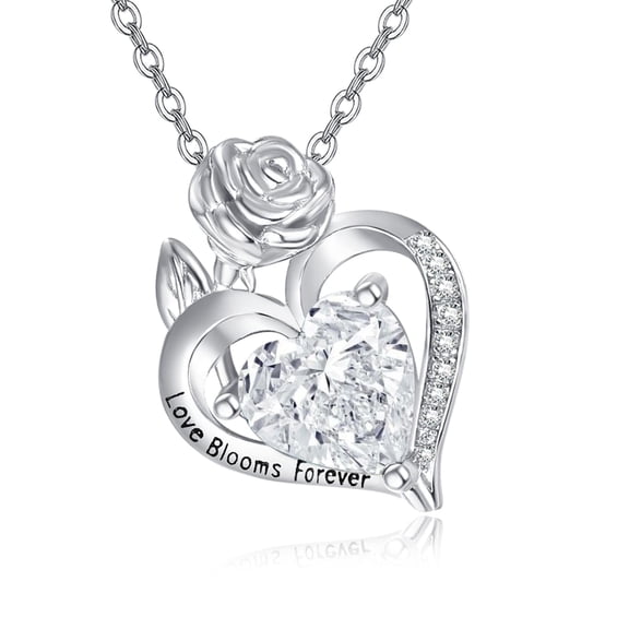 TANGPOET Rose Flower April Birthstone Necklace Sterling Silver Cubic Zirconia Rose Flower Heart Pendant Necklace Fine Jewelry Mothers Day Anniversary Birthday Gifts for Women Mom Wife