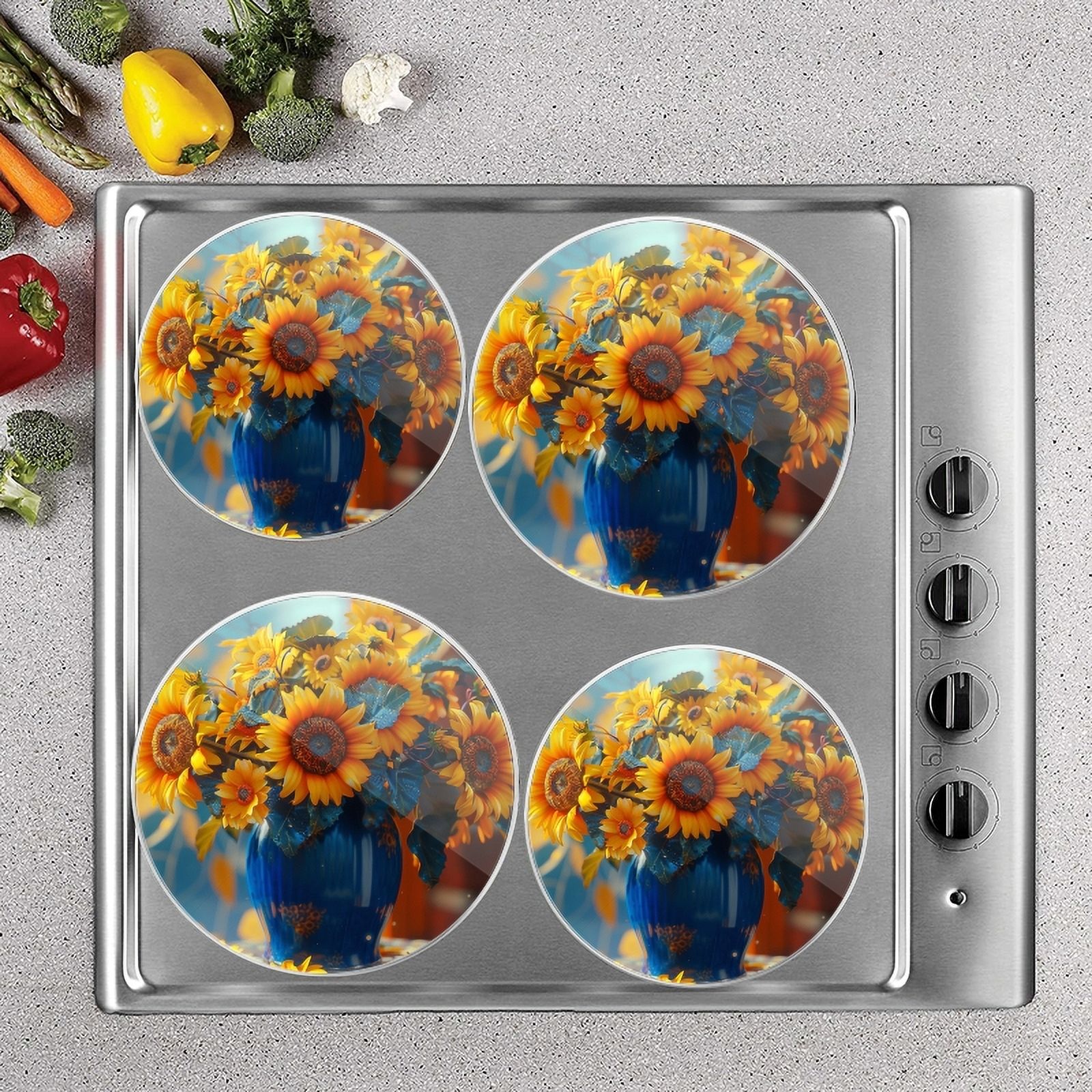 Bahomeck Gas Stove Burner Cover Set Of 4,Blue Vase With Yellow Sunflowers Metal Electric Stove Burner Covers,Protecting Gas Stoves,Kitchen Decor，8 Inch And 10 Inch