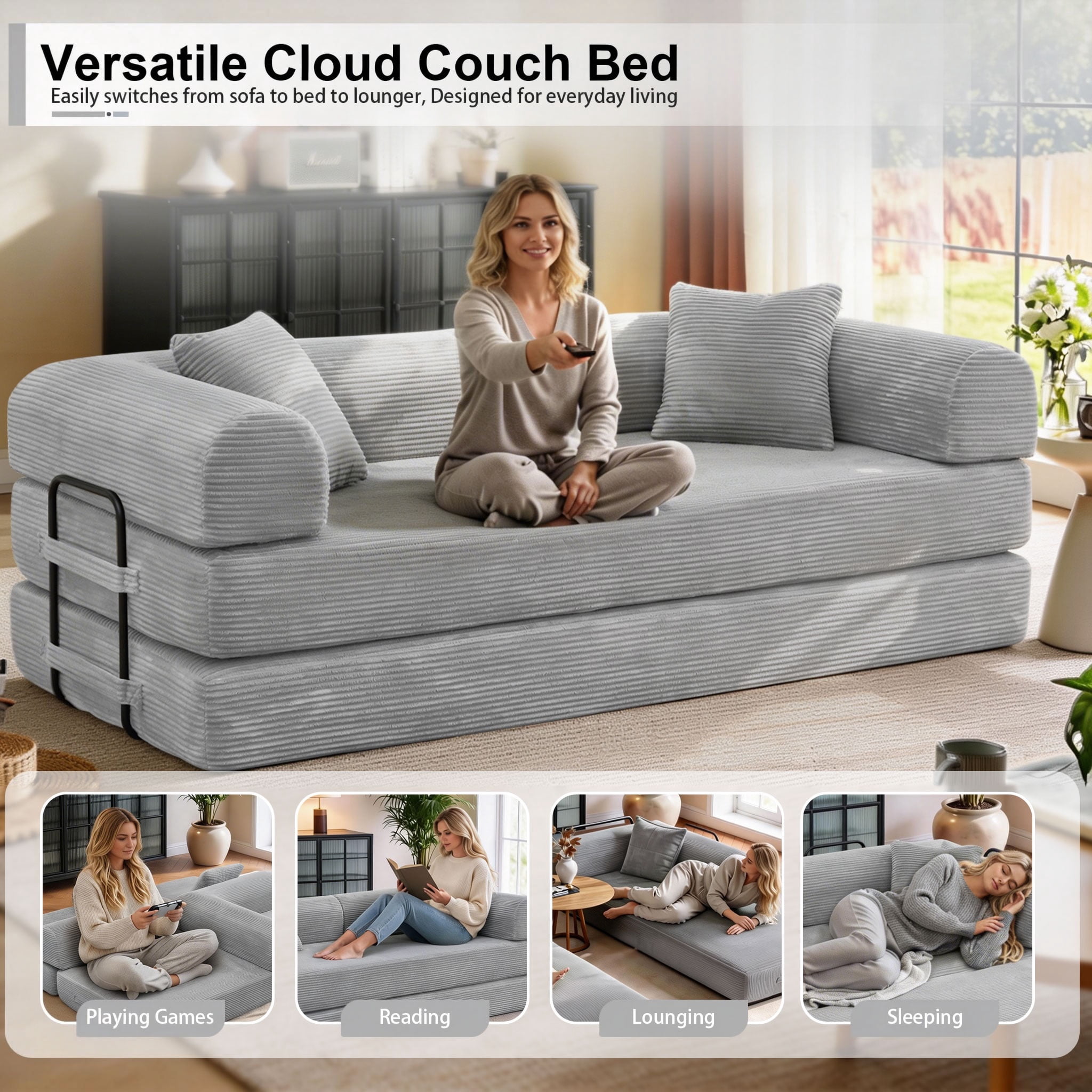 78" Boneless Convertible Sleeper Sofa Bed, Holaki Corduroy Compression Folding Sofa with Pillow & 3 Seat, Fixed-Shape Frame, Floor Sofas Lounge Couch for Living Room Bedroom Apartment, Light Gray