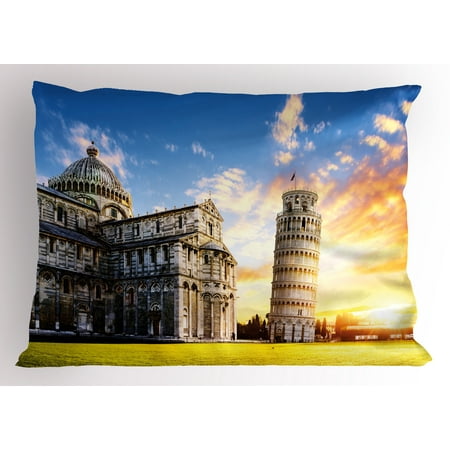 Italy Pillow Sham Place of Miracoli Complex with the Leaning Tower of Pisa in front Tourist Attraction, Decorative Standard King Size Printed Pillowcase, 36 X 20 Inches, Multicolor, by (Best Tourist Places In Italy)