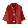 thumbnail image 7 of Women's Cotton Linen Button Down Shirts Casual 3/4 Sleeve Double-Breasted Collared Work Blouses Lightweight Cardigan Red 2XL, 7 of 7