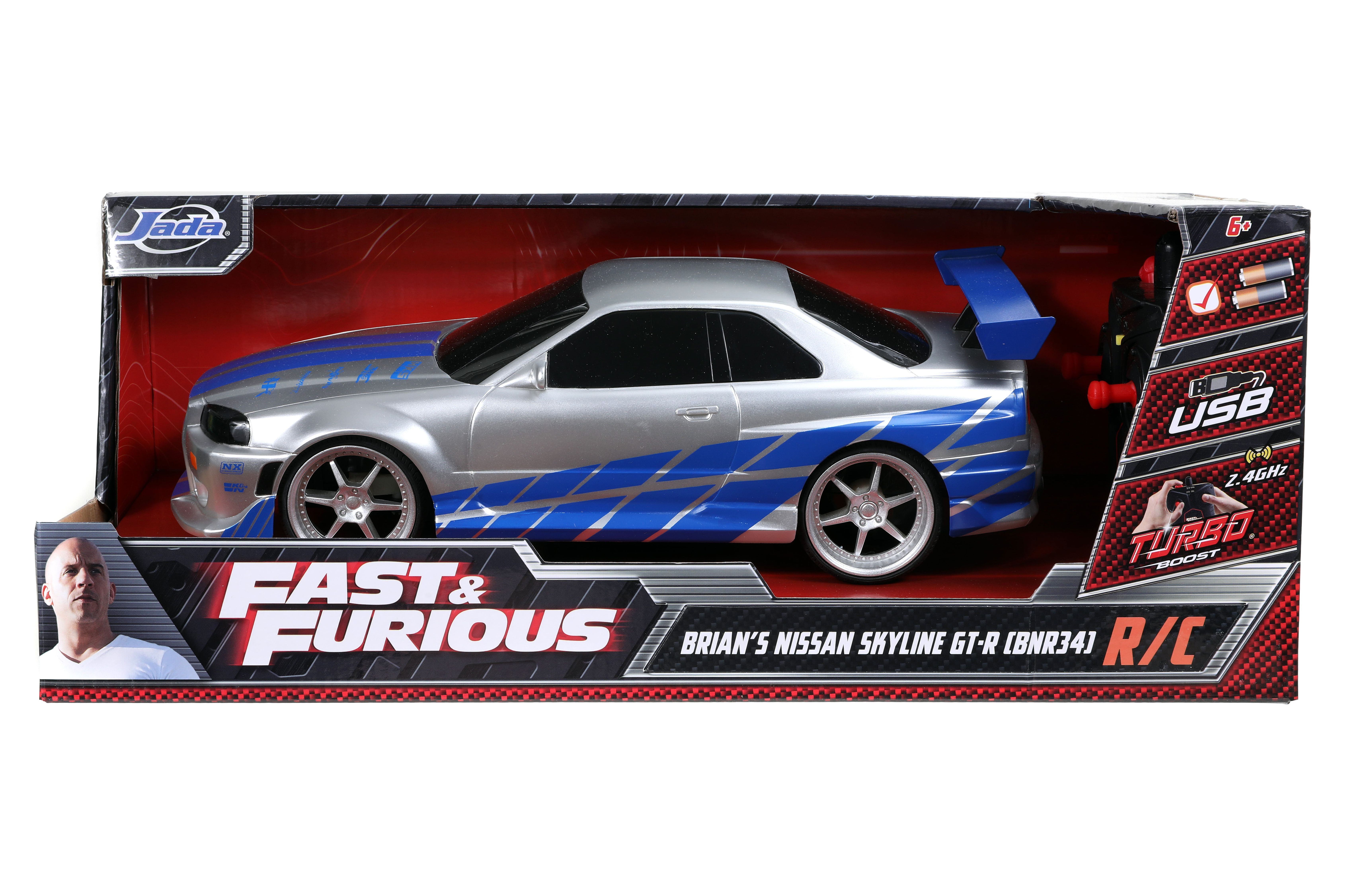 Jada Toys Fast & Furious Brian's Nissan Skyline GT-R (BN34) Drift Power  Slide RC Radio Remote Control Toy Race Car with Extra Tires, 1:10 Scale