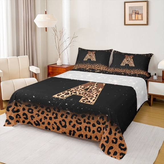 jejeloiu Classic Leopard Monogram A Full Size Sheets For Girls,Brown Bow Glitter Print Initial Bed Sheets For Kids,4 Pieces