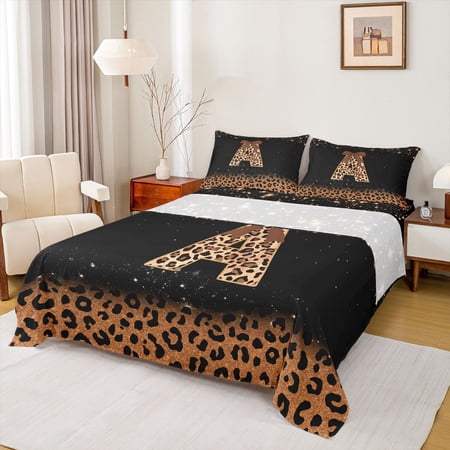 jejeloiu Classic Leopard Monogram A Full Size Sheets For Girls Brown Bow Glitter Print Initial Bed Sheets For Kids 4 Pieces