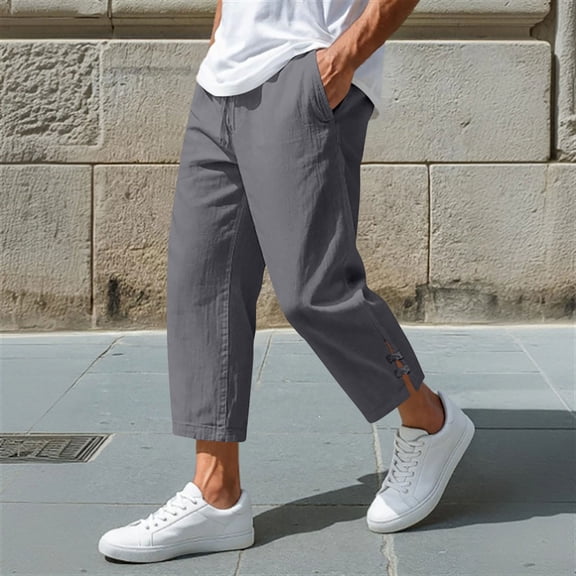 Trikvn Linen Capris Men Loose Fit Summer Casual Drawstring Elastic Waist Cropped Pants Breathable Beach Vacation Trousers with Pockets
