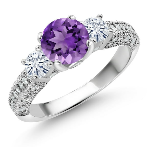 Gem Stone King 925 Sterling Silver Purple Amethyst and White Moissanite Engagement Ring for Women (1.74 Cttw, Gemstone February Birthstone, Round 7MM and 4MM, Size 5)