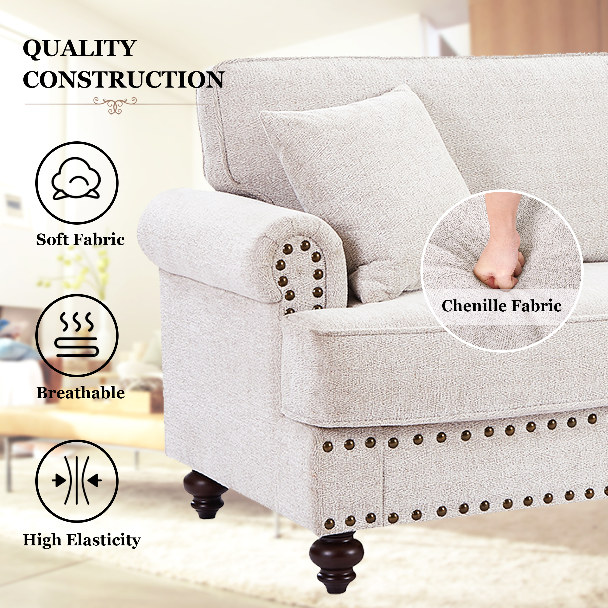 Muumblus 2 Pieces Chenille Living Room Furniture Sets , Single Sofa Chair and Sofa Set, White