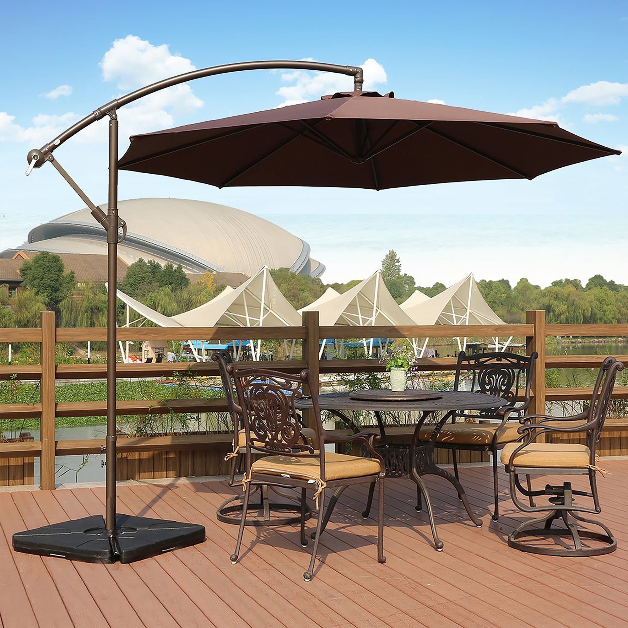 Polytrends Steele 10-ft. Offset Patio Umbrella with Weight Base Stand Coffee