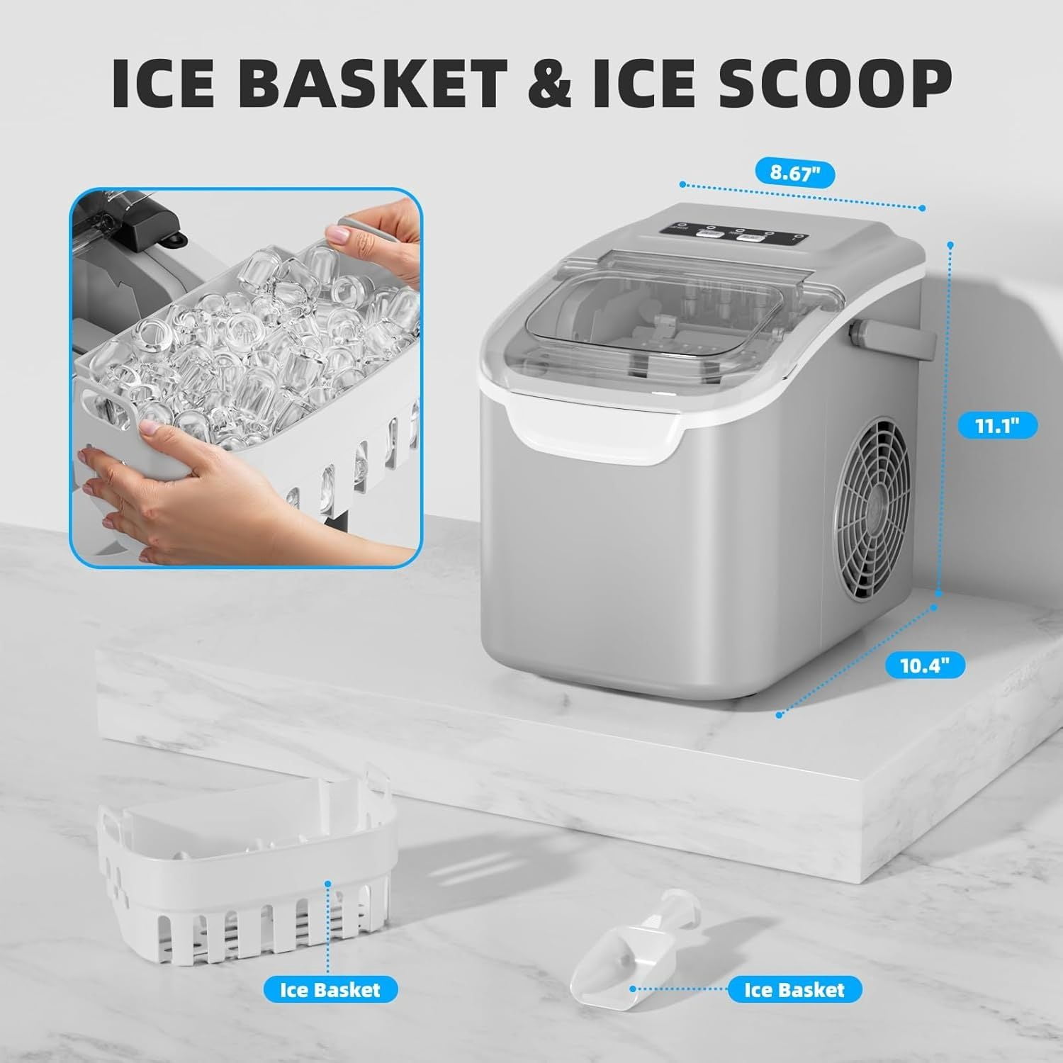 Countertop Ice Maker, Portable Ice Machine with Carry Handle, 26.5Lbs/24H, 2 Sizes Bullet Ice, 8Cubes in 6 Mins Office/Kitchen/Bar Grey
