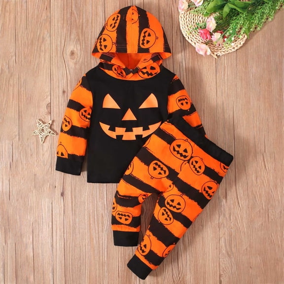 CUZIBR Girls Halloween Outfits Stripe Pumpkin Face Print Kids Hoodie Long Sleeve Hooded Sweatshirt Jogger Pants Two Piece Soft For 1 3 Years Casual Wear,Orange,6-12M/70
