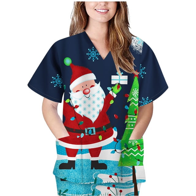 Blusas Médicas Navideñas Para Mujer, Uniforme de Trabajo de Manga Corta Con Cuello en V Y Blusa Con Bolsillos Odeerbi ODB204983