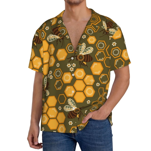 Balery Bees and Honeycombs Camisa Casual de Manga Corta con Botones para Hombre, Texturizada, Estilo Cubano, para Playa, Verano-3X-Large