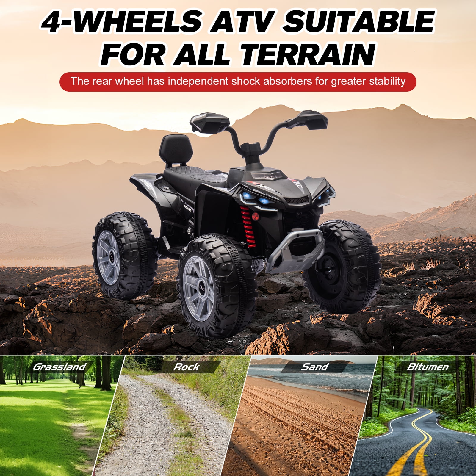 MUKIDY 24V Kids ATV 4-Wheeler, 24 Volt Ride on Toy for 3-8 Kid w/ 2x200W Motor, 5Mph Max Speed - Black