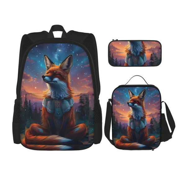 Lsque Starry Sky Meditating Fox Pattern School Bag Set -Backpack with Pencil Case and Lunch Bag,3-in-1 School Bag,Kids Backpack Set for Boys and Girls