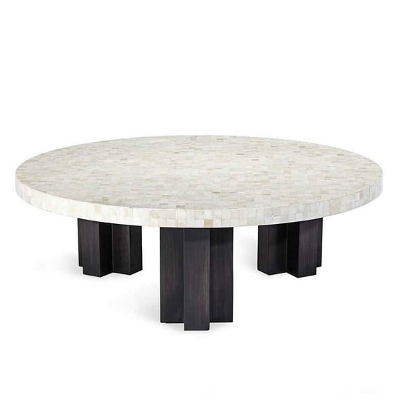 Artisan Bone Inlay Coffee Table – Ivory Mosaic Surface with Black Column Legs, Jeanneret-Inspired Form