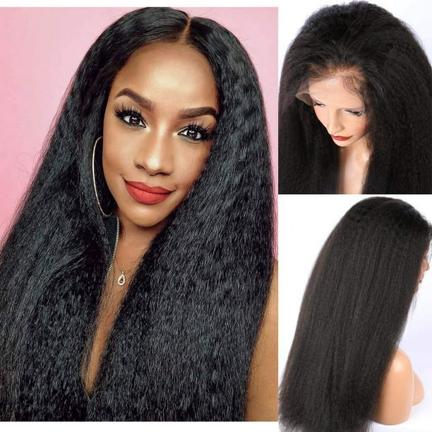 Beauhair Kinky Straight Lace Front Wigs Human Hair,Coarse Yaki Straight  13x4 HD Transparent Lace Frontal Wig Brazilian Wigs for Women Pre Plucked  with Baby Hair 180% Denisty Natural Color 28 Inch -