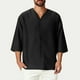 thumbnail image 1 of Blusas y camisas de manga corta y cuello redondo para hombre, blusas casuales de moda para hombre, de color liso, con botones, cuello redondo y manga tres cuartos., 1 of 8