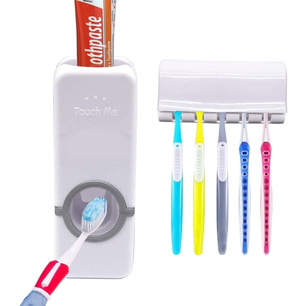 5 Portacepillos Exprimidor Automático De Pasta De Dientes, Dispensador De Pasta De Dientes, con Soporte De Cepillo De Dientes Montado En La Pared De Plástico Blanco Multifuncional Baño Familiar De