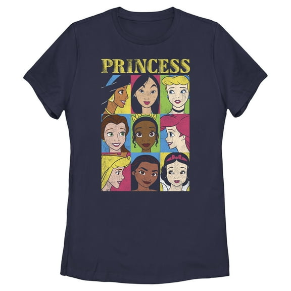 Women's Disney Princess Distressed Close-Up Poster Graphic Tee Navy Blue Medium