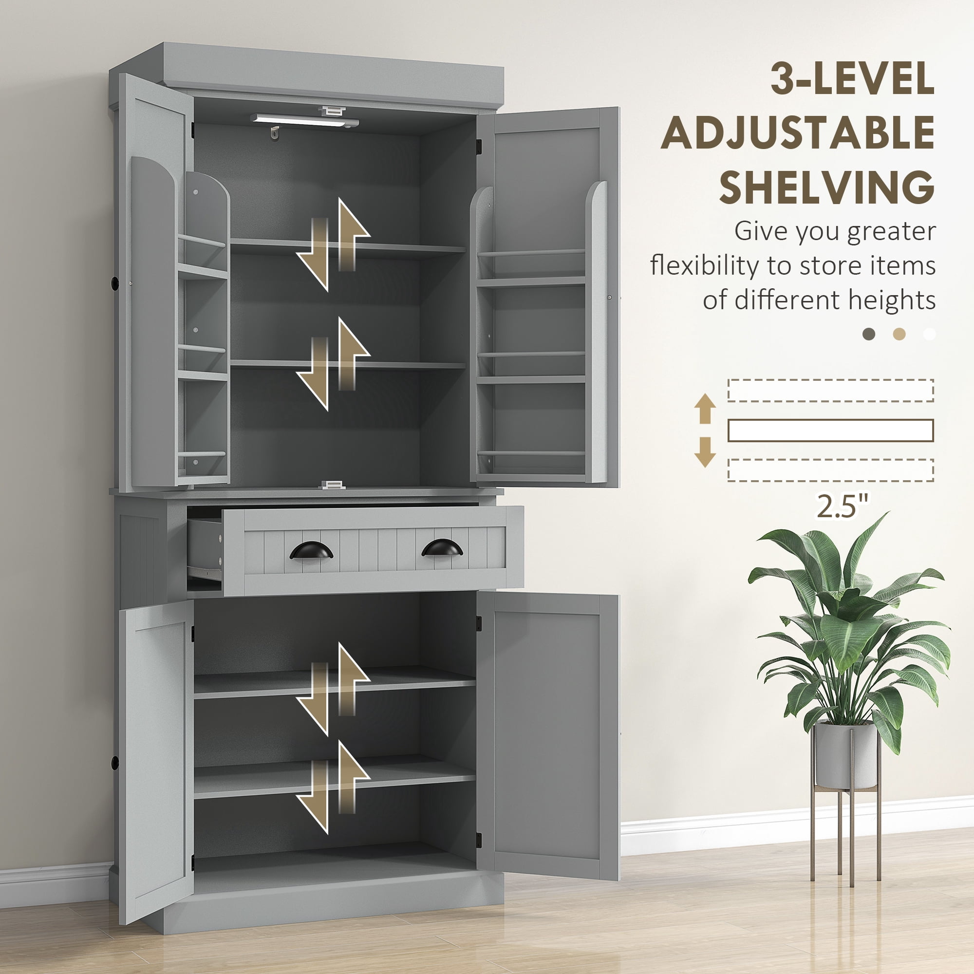 HOMCOM 71" LED Kitchen Pantry Cabinet, Tall Storage Cabinet with 6 Door Shelves, a Drawer and 4 Adjustable Shelves, Gray