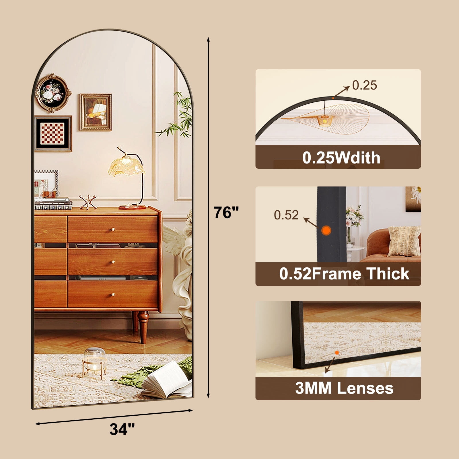 Dscont 34"x76" Arched Full Length Mirror Modern Floor Mirror with Aluminum Frame, Black