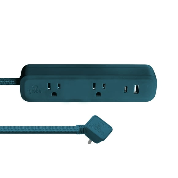 Globe Electric 2-Outlet Teal Flat Plug Power Strip with USB Charging Ports and 6FT Fabric Extension Cord