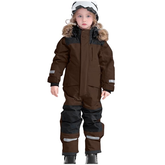Gubotare Snow Suit for Girls Boys One Piece Snowsuit Kids Hooded Waterproof Insulated Ski Suit Coveralls Size 14-15 (Coffee,14-15 Years)