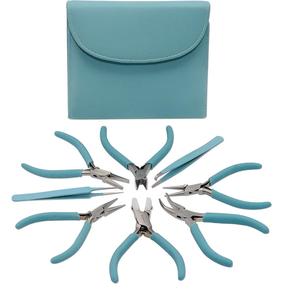 The Beadsmith Fashion Color Plier Set and Clutch, 8-Piece Beader's Tool Kit (Light Blue)
