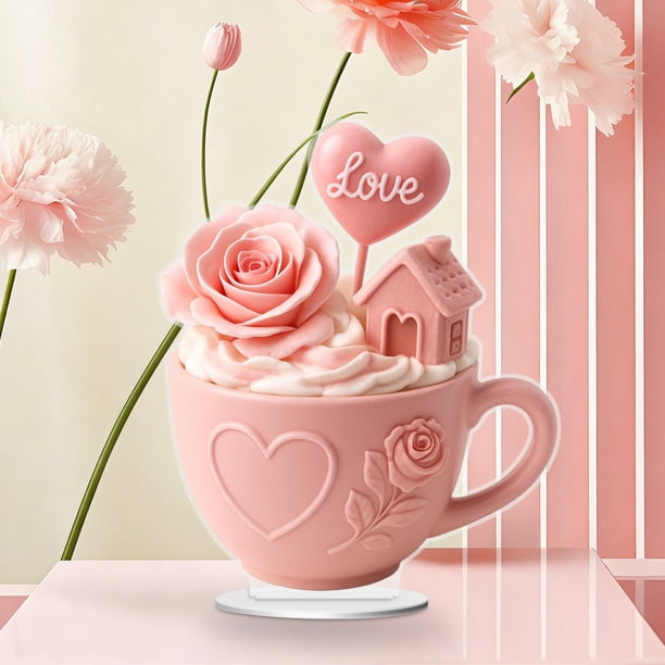 Regalo romántico de adorno de taza de té | Decoración acrílica en forma de corazón 15cm | Juego de tazas de té con temática de amor, platillo a juego, cuchara para remover | Acabado brillante