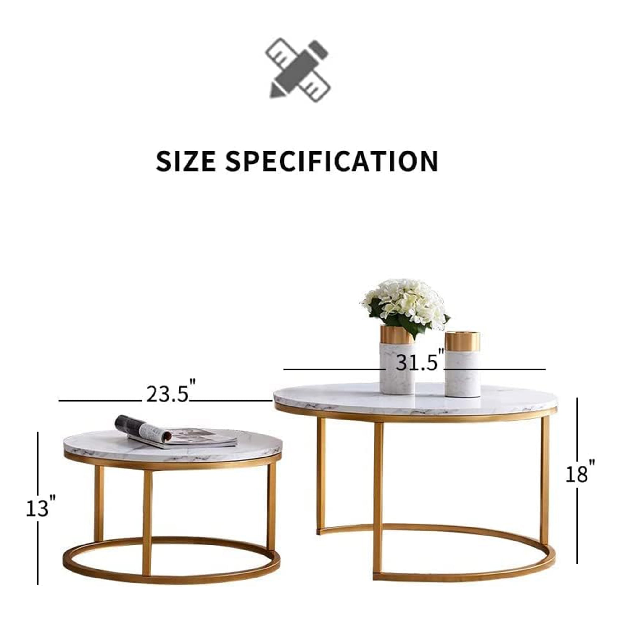 Kepooman 31.5" Nesting Coffee Table Set of 2, Round Nightstand with Faux Marble Wooden Top for Living Room, Golden