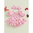 thumbnail image 5 of Newborn Baby Girl Summer Outfit Puff Sleeve Flower/Bow/Cherry Print Ruched Romper Dress with Headband Cute Clothes 0-18M, 5 of 8