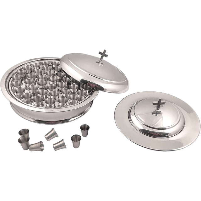 Mayur Export Plateau de Service pour Vin Sacré en Acier Inoxydable avec Couvercle et Assiette à Pain Empilable avec Couvercle + 40 Tasses - (Miroir/argent)