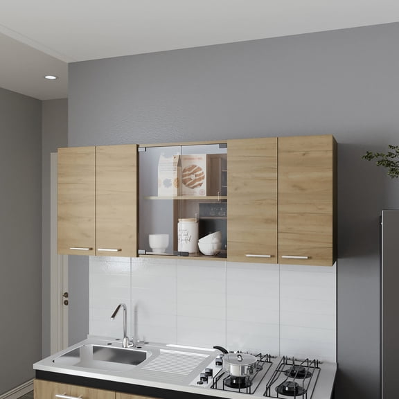 Built - in melamine kitchen cabinet with sliding glass doors for displaying items in small kitchens