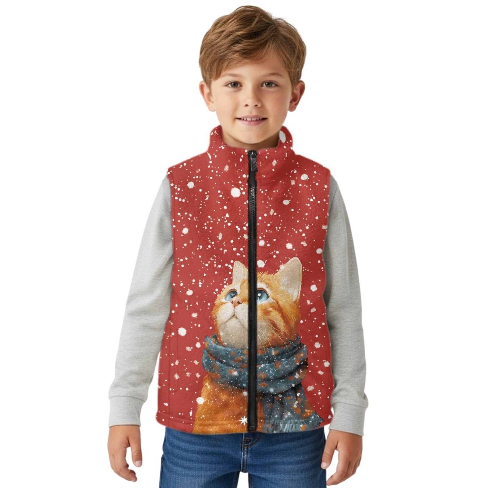 Xoenoiee Cat Snowflake Print Boys Fuzzy Sherpa Fleece Vest, Zip-Up Sleeveless Jacket with Stand Collar & Pockets, Cozy Warm Toddler Winter Outerwear, Size 11-12 Years