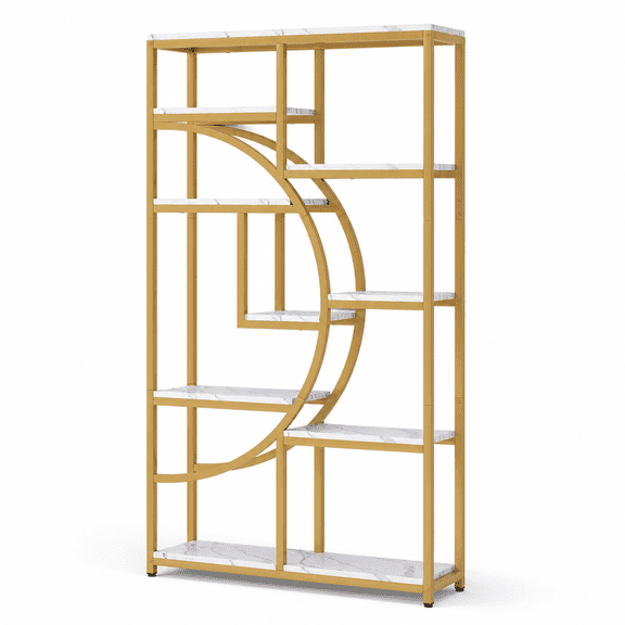Kiootto 68.9" 9-Tier Display Bookcase, White Marble-Look Shelves with Gold Metal Frame
