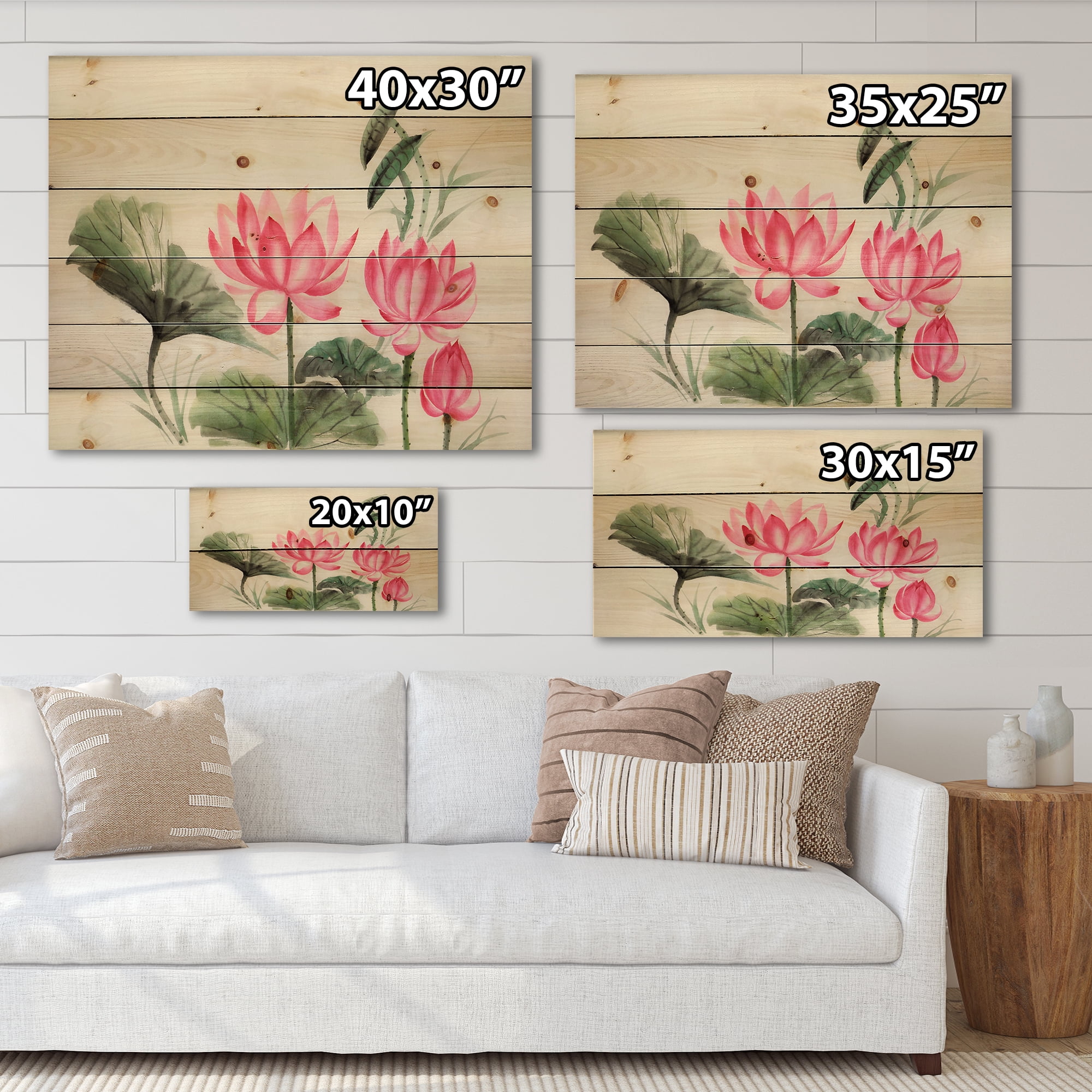 Designart 'Ancient Pink Lotuses In The Pond I' Traditional Print on Natural Pine Wood