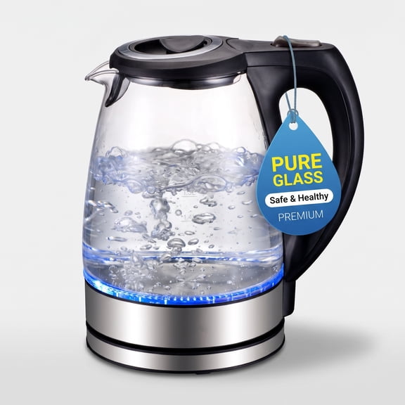 Yilush Electric Kettle, No Plastic Contact With Water, Wide Mouth For Easy Cleaning, Auto Shut Off, 1.7L Tea Kettle & Hot Water Boiler, Water Heater & Teapot, Borosilicate Glass, Black, 1500W