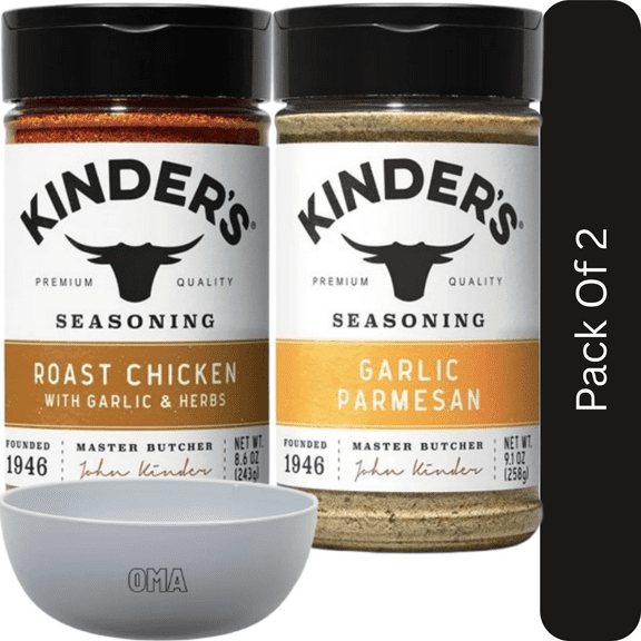 Kinder’s Seasoning Variety Pack – Garlic Parmesan (9.1 oz) & Roast Chicken Garlic & Herbs (8.75 oz)-2pk, With Olive White Bowl By OMA