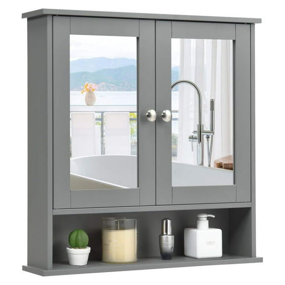 Bathroom Cabinet Wall Mounted - Over The Toilet Wall Storage Cabinet with 2 Mirror Doors and Adjustable Shelf, Hanging Medicine Cabinet for Bathroom, Living Room, Kitchen (Gray)