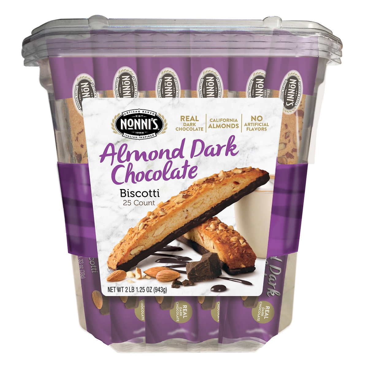 Nonni's Biscotti, Almond Dark Chocolate, 1.33 oz, 25count