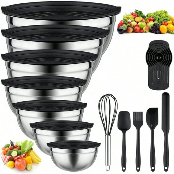Mixing Bowls with Lids set - 25 PCS Stainless Steel Nesting Black Mixing Bowls Set for Baking Mixing Serving and Prepping Size 5 3.7 2.8 2.3 1.7 1.1 0.7QT 11 Cooking Utensils