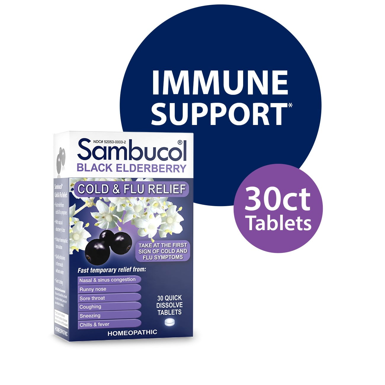 Sambucol Black Elderberry Homeopathic Cold & Flu Relief Tablets 30 ct