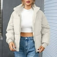 thumbnail image 5 of Trendy Bomber Puffer Jackets Ladies Cozy Warm Winter Full-zip Cardigan Crop Short Coats Stand Collar Outerwear (X-Large, Beige), 5 of 5