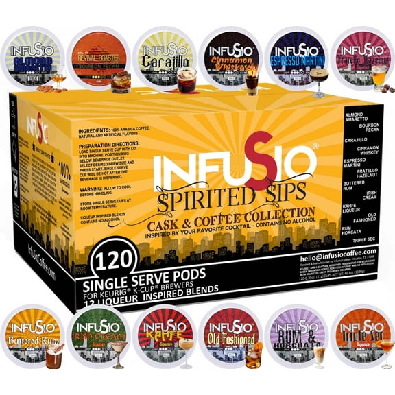 InfuSio Spirited Sips: Cask  Coffee Collection, Cocktail-Inspired Coffee Pods – 120 Count Variety Pack, 12 Flavors, Medium Roast, Compatible with Keurig Brewers